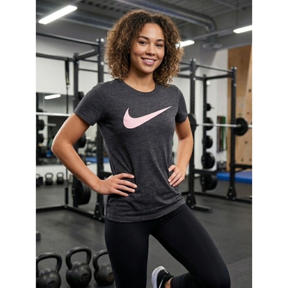 Nike Women's Charcoal Gray Short Sleeve Tee with Pink Swoosh